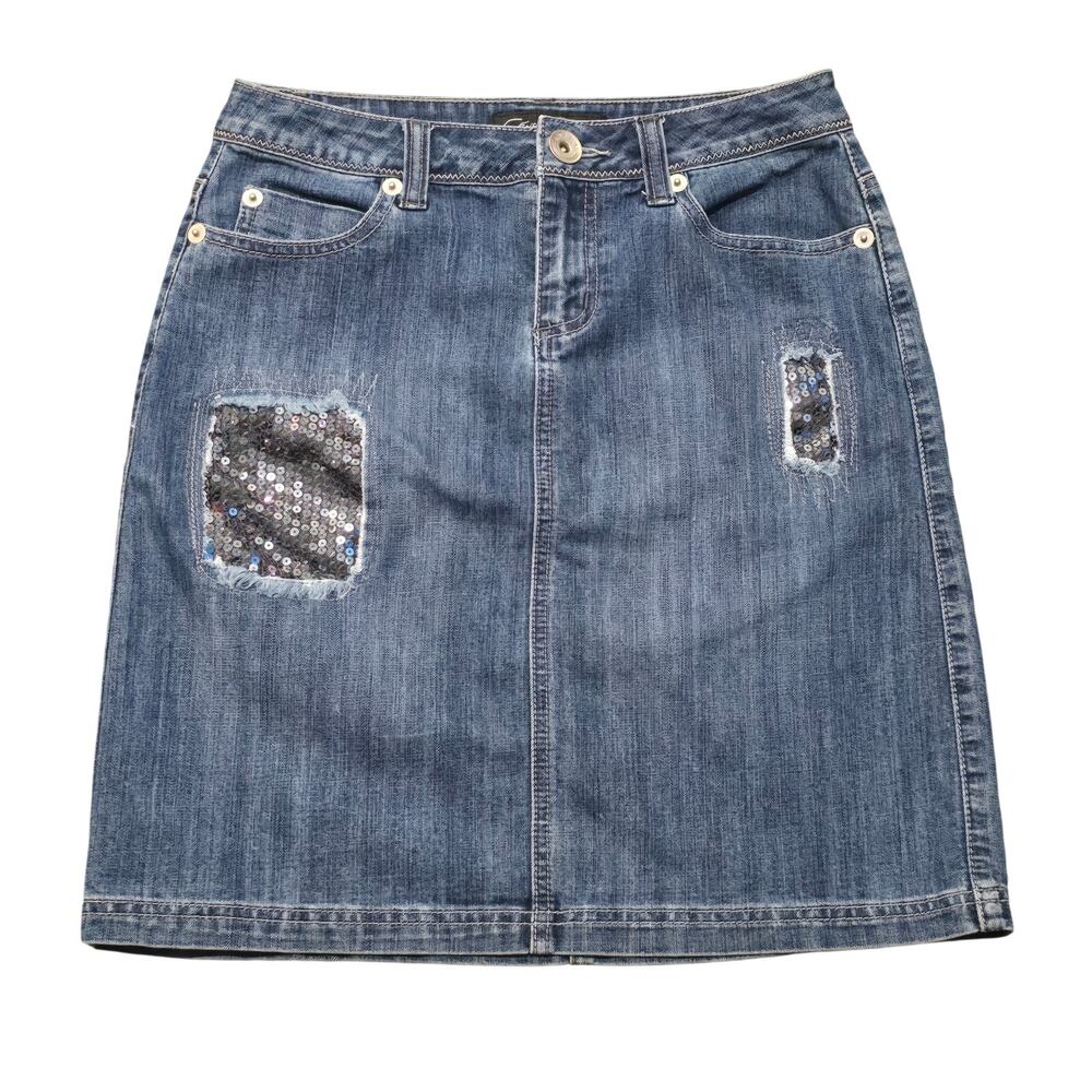 Christiana Zinn Blue Denim Sequin Patches Knee Length Skirt